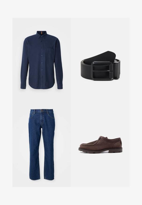 Marineblauwe overhemd met lange mouwen en knopen, gemaakt van een textuurstof, met een borstzak en een afgeronde zoom. Kraag met een detail van twee knopen.; Donkerblauwe recht gesneden denim jeans met voor- en achterzakken, riemlussen en een knoopsluiting in de taille.; Bruine leren veterschoen met dikke geribbelde zool en moc toe-stiksels op een effen lichte achtergrond.; Zwarte leren riem met een matte zwarte metalen gesp, met een vlak, glad oppervlak en een taps toelopend einde. Eenvoudig ontwerp zonder versieringen.