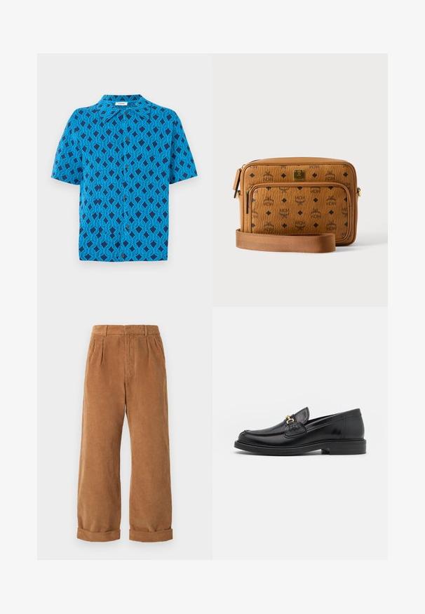 Kortærmet skjorte i blåt stof med et geometrisk mønster af sammenflettede linjer, med krave og knaplukning foran.; Brune kordfløjspants med bred ben-design, der har frontfolder og opfoldede kanter. Stoffet har et tekstureret, ribbet udseende.; Sorte læder loafers med en rund tå, der har guld hardware accent og syningsdetaljer, placeret på en lav, tekstureret gummisål.; Tan læder crossover taske med sorte MCM logoer, front lynlåslomme, guldfarvet plade og justerbar stofrem på hvid baggrund.