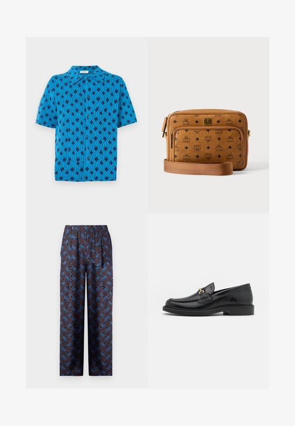 Camisa de manga corta en tela azul con un patrón geométrico de líneas entrelazadas, con cuello y cierre de botones en la parte delantera.; Pantalones de pierna ancha en tejido oscuro, con un patrón azul tejido. La cinturilla elástica garantiza comodidad. Textura suave con acentos geométricos.; Mocasines de cuero negro con punta redondeada, que cuentan con un detalle de herrajes dorados y costuras, situados sobre una suela de goma texturizada y baja.; Bolso bandolera de cuero marrón claro con logotipos negros de MCM, bolsillo frontal con cremallera, placa dorada y correa de tela ajustable sobre fondo blanco.