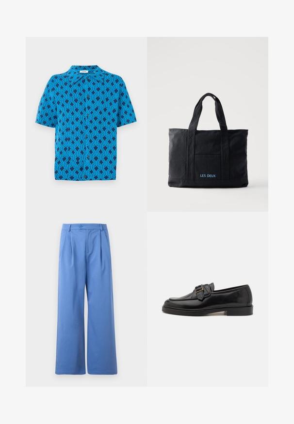 Camisa de manga corta en tela azul con un patrón geométrico de líneas entrelazadas, con cuello y cierre de botones en la parte delantera.; Pantalones amplios azul de tejido suave. Tiene un cierre de botón y pliegues en la parte delantera. Cintura plana y sin bolsillos.; Mocasines de cuero negro con punta redonda y un acento decorativo de hebilla. Tacón plano y sólido, con una textura suave en todo el zapato.; Bolsa tote de lona negra con dos asas, bolsillo frontal y "LES DEUX" bordado en azul en el bolsillo delantero.