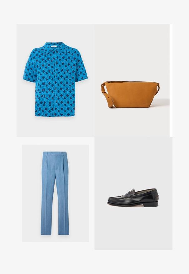 Korte mouw shirt van blauwe stof met een geometrisch patroon van met elkaar verweven lijnen, met een kraag en een knoopsluiting aan de voorkant.; Lichtblauwe maatbroek met riemlussen, voorplooien en rechte pijpen op een effen witte achtergrond.; Zwarte leren loafers met een mocassin-stijl ontwerp, voorzien van een decoratieve band en stiksel detail op het bovenwerk. Lage blokhak.; Lichtbruine leren crossbodytas met verstelbare band en ritssluiting, getoond tegen een effen lichte achtergrond.