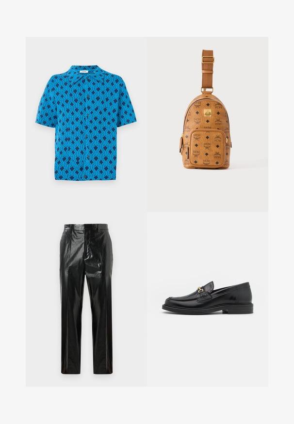 Korte mouw shirt van blauwe stof met een geometrisch patroon van met elkaar verweven lijnen, met een kraag en een knoopsluiting aan de voorkant.; Zwarte hoogglanzende vinyl rechte broek met riemlussen, verborgen sluiting aan de voorkant en geplooide details.; Zwarte leren instappers met een ronde neus, voorzien van een gouden hardware accent en stikdetails, geplaatst op een lage, getextureerde rubberen zool.; Kleine lichtbruine leren crossbodytas met verstelbare schouderriem, voorvak met rits en herhalend zwart MCM-logo patroon.