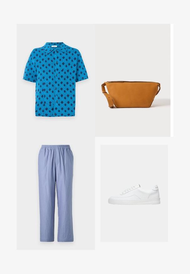 Kurzarmhemd aus blauer Stoff mit einem geometrischen Muster aus ineinander verschlungenen Linien, mit einem Kragen und einer Druckknopfleiste auf der Vorderseite.; Hellblaue, locker sitzende Hose mit elastischem Bund, zwei Seitentaschen und geraden Beinen. Hergestellt aus weichem Material mit glatter Textur.; Weißer Sneaker mit niedrigem Schaft, Schnürdesign, glattem Lederobermaterial und dicker Sohle, von der Seite auf einfachem Hintergrund gezeigt.; Hellbraune Leder-Umhängetasche mit verstellbarem Schulterriemen und Reißverschluss, vor einem schlichten hellen Hintergrund gezeigt.
