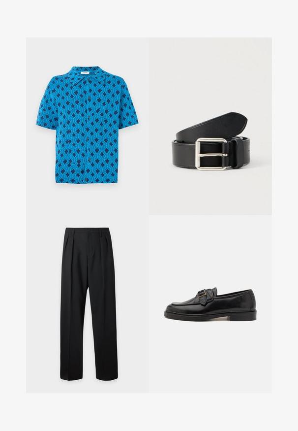 Kurzarmhemd aus blauer Stoff mit einem geometrischen Muster aus ineinander verschlungenen Linien, mit einem Kragen und einer Druckknopfleiste auf der Vorderseite.; Schwarze hoch taillierte maßgeschneiderte Hose mit Gürtelschlaufen, vorderen Falten, Knopfverschluss und geraden, weiten Beinen auf hellem Hintergrund.; Schwarze Leder-Lederschuhe mit abgerundeter Zehenpartie und dekorativem Schnallenakzent. Flacher, solider Absatz und durchgehend glatte Oberfläche.; Schwarzer Ledergürtel mit glatter Textur, silberner Metallschnalle und einem klaren, einfachen Design. Verfügt über Löcher für eine verstellbare Passform.