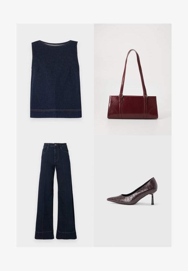 Haut sans manches en denim bleu marine avec un col rond, des coutures latérales et des surpiqûres orange contrastantes le long de l'ourlet. Conception simple et carrée.; Jean large bleu foncé à taille haute, avec des poches avant et des coutures visibles. Fabriqué en denim avec une texture lisse.; Escarpins à bout pointu en similicuir marron avec une texture crocodile, dotés d’un talon fin et angulaire ainsi que d’une doublure intérieure lisse.; Sac à main bordeaux en matériau brillant, de forme rectangulaire, avec deux anses et des accents légèrement courbés à l'avant.