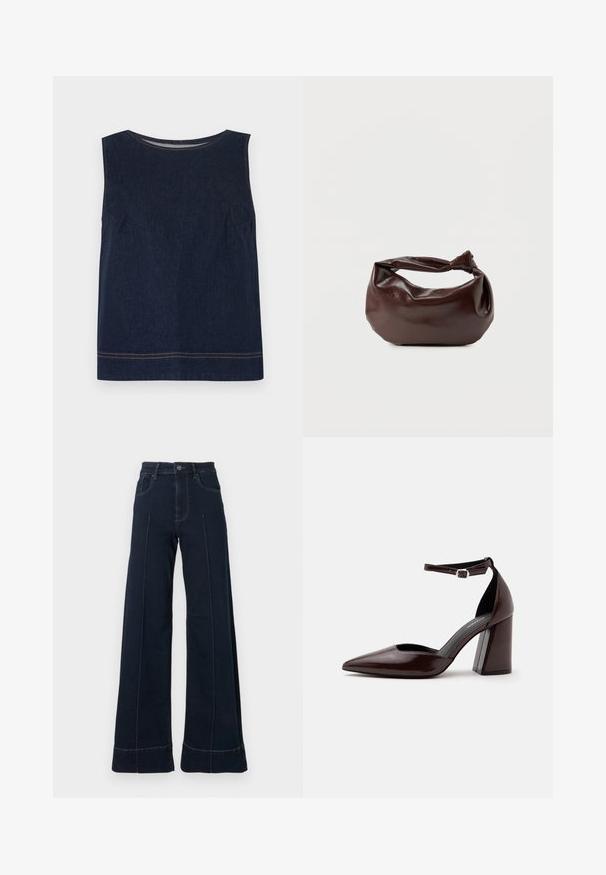 Haut sans manches en denim bleu marine avec un col rond, des coutures latérales et des surpiqûres orange contrastantes le long de l'ourlet. Conception simple et carrée.; Jean large bleu foncé à taille haute, avec des poches avant et des coutures visibles. Fabriqué en denim avec une texture lisse.; Chaussure à talon haut en cuir marron foncé à bout pointu, avec bride à la cheville et boucle argentée sur fond blanc.; Sac bandoulière en cuir marron foncé avec une forme souple et décontractée et une anse nouée torsadée sur un fond blanc uni.