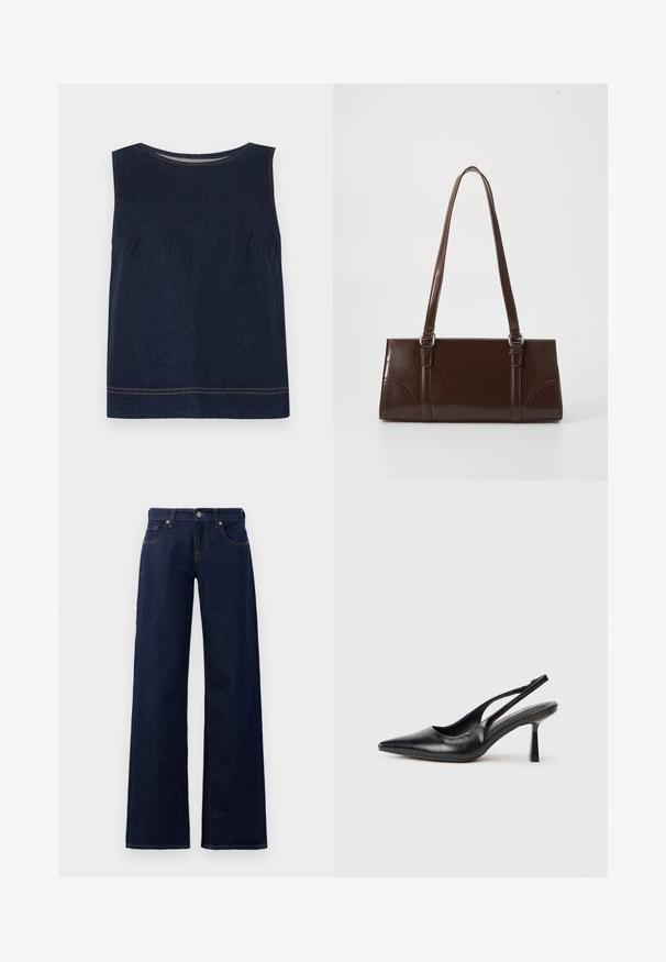 Haut sans manches en denim bleu marine avec un col rond, des coutures latérales et des surpiqûres orange contrastantes le long de l'ourlet. Conception simple et carrée.; Jeans évasés en denim bleu foncé, dotés d'un design classique à cinq poches, de coutures cuivrées et d'une fermeture par bouton à la taille.; Chaussure à talon haut en cuir noir, à bride arrière, avec un bout pointu et un talon fin sur fond blanc.; Sac à main en cuir verni marron de forme rectangulaire, avec deux longues poignées et des accents courbés subtils à l'avant.