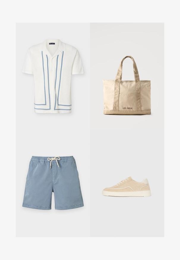Polo en maille blanc à manches courtes avec un motif ajouré et des rayures bleues verticales et horizontales à l'avant.; Shorts décontractés bleu clair avec taille élastique et cordon blanc, poches avant et longueur mi-cuisse.; Baskets en daim beige avec semelle et lacets blancs, design basse, et motif de semelle en zigzag.; Sac cabas en toile beige avec deux anses et une poche avant, "LES DEUX" brodé sur la poche.