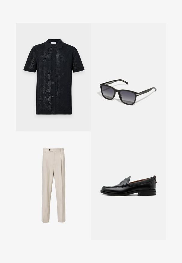 Zwarte polo met korte mouwen met een gebreid ontwerp in een ruitpatroon, voorzien van een kraag en knoopsluiting aan de voorkant. Soepele textuur en aansluitende zoom.; Beige op maat gemaakte broek met een recht model, voorzien van voorplooien, een knoopsluiting en een gladde stofstructuur.; Zwarte leren herensloffen met moc toe stiksel, pennyriem, gestructureerde kraag en lage gestapelde hak op witte achtergrond.; BOSS Zonnebril - black