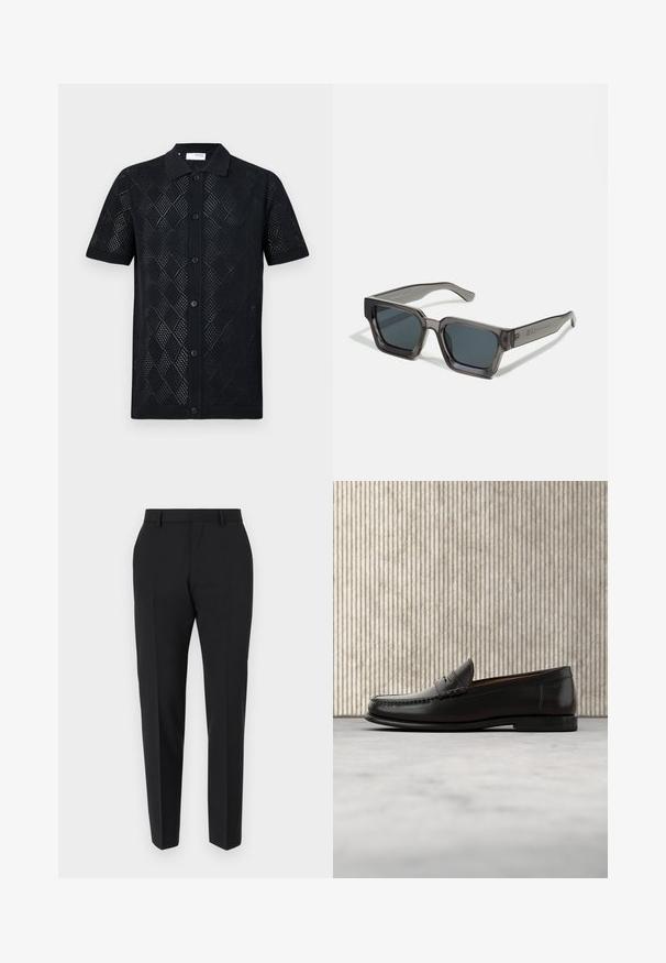 Sort kortærmet polo-shirt med et diamond-mønstret strikdesign, der har krave og knaplukning foran. Glat tekstur og tætsiddende kant.; Sorte bukser med et skræddersyet design, flad front, pressefolder og en slank pasform. Lavet af et glat stof for et elegant udseende.; Sort læder penny loafer med lav hæl, rundet tå og syningsdetaljer langs fronten og siderne, vist på neutral baggrund.; Jack & Jones JACPETER SUNGLASSES UNISEX - Solbriller - grey
