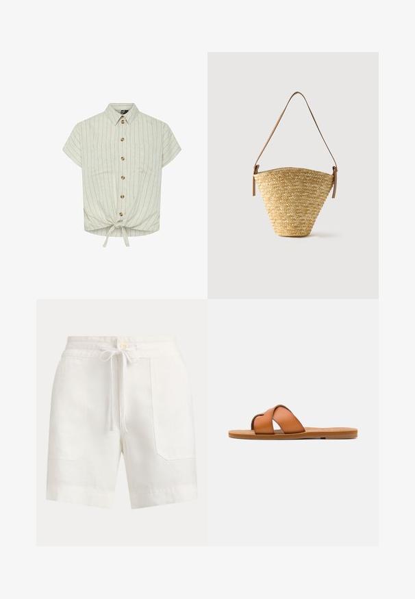 Kortærmet bluse i lys beige med lodrette striber, krave, knaplukning foran, to brystlommer og en bunddetalje med bånd. Materialet ser struktureret ud.; Hvide knælange shorts med forlommer, knaplukning og snørebånd foran i taljen.; Brune læder slide sandal med krydsede stropper, flad sål, glat overflade og minimalisk design til afslappet brug.; Flettet stråtaske med bred bund, smal top og justerbar brun læder skulderrem.