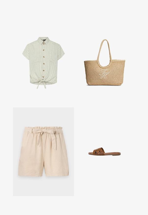 Kortærmet bluse i lys beige med lodrette striber, krave, knaplukning foran, to brystlommer og en bunddetalje med bånd. Materialet ser struktureret ud.; Beige linnedshorts med elastisk livrem, flæset kant og en aftagelig bælte i snor. Har en afslappet pasform og glat, tekstureret stof.; Brun læder slide sandal med krydsede stropper, flad sål og en glat overflade. Enkel design uden udsmykninger eller mønstre.; Flettet beige stråtaske med runde håndtag og hvide broderede kursivinitialer midt på forsiden.