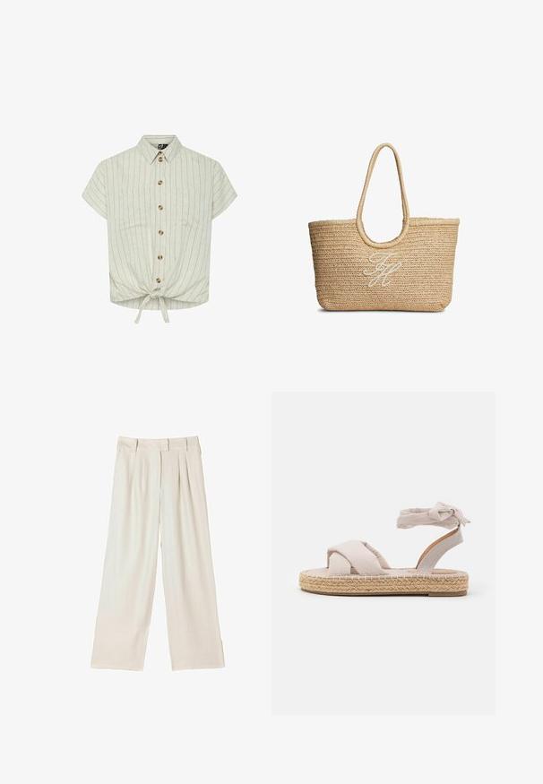 Kortærmet bluse i lys beige med lodrette striber, krave, knaplukning foran, to brystlommer og en bunddetalje med bånd. Materialet ser struktureret ud.; Bukser med vide ben i lysebeige stof, med dobbelte læg foran og en lige pasform, med en glat tekstur og uden synlige metaldele.; Lys beige espadrille sandal med krydsede stofstropper og ankelbinding, der har en sål indpakket i jute-reb og flad gummibund.; Flettet beige stråtaske med runde håndtag og hvide broderede kursivinitialer midt på forsiden.