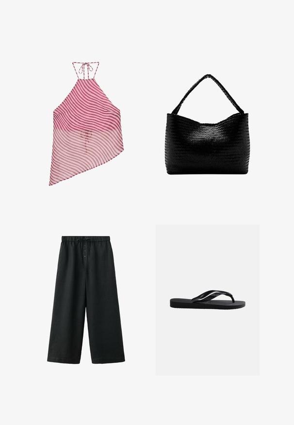 Robe asymétrique à rayures roses et marron, à fines bretelles nouées autour du cou et en tissu fluide et léger.; Pantalon noir à jambes larges avec une taille élastique, un cordon de serrage à l'avant et trois boutons sur la fermeture avant.; Sandale tong noire en caoutchouc avec semelle texturée et brides lisses, vue de côté sur un fond gris clair uni.; Sac à main tissé noir avec une anse unique tressée, forme rectangulaire et surface texturée brillante.