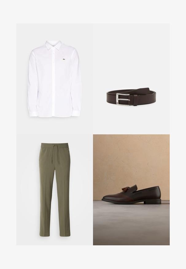 Chemise blanche à manches longues en coton, avec un col à boutons, un logo brodé vert sur la poche gauche et des poignets droits.; Pantalons légers couleur vert olive avec une taille élastique et un cordon de serrage réglable ; design à jambe droite et texture lisse.; Mocassin en cuir marron foncé avec des pampilles flottant au-dessus d’un tapis beige tissé, avec une table ronde en bois et des livres empilés en arrière-plan.; Ceinture en cuir marron avec une boucle en métal argenté, présentant une texture lisse et un accent brodé le long du bord.