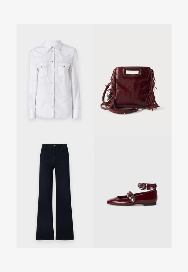 Chemise blanche à manches longues avec un col pointu, deux poches poitrine, des coutures contrastées et un ourlet arrondi. Dotée de boutons en métal.; Jean évasé bleu foncé en denim. Doté d'une fermeture par bouton, de cinq poches, et d'un design épuré avec peu de variations de texture.; Ballerines en cuir verni bordeaux avec un bout pointu, une bride de cheville avec une boucle en argent et un petit talon. Texture lisse sur l'ensemble.; Sac à main carré en cuir bordeaux avec poignée découpée, détails de franges latérales et bandoulière réglable sur fond uni.