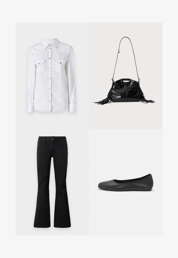 Chemise blanche à manches longues avec un col pointu, deux poches poitrine, des coutures contrastées et un ourlet arrondi. Dotée de boutons en métal.; Jeans noirs taille haute avec fermeture à bouton et zip à l'avant, deux poches avant, et jambes évasées, posés à plat sur fond blanc.; Ballerines en cuir noir avec un bout rond, texture lisse, détails de couture minimalistes et design de semelle flexible.; Sac à main en cuir noir brillant avec une longue fine bandoulière et des pompons à franges des deux côtés sur un fond clair.