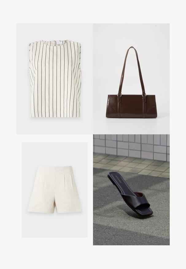 Ærmeløs top lavet af cremfabric med sorte lodrette striber. Har en rund halsudskæring og en lille åbning bagpå. Minimalistisk design.; Højtaljede beige linnedshorts med forstykker foran og brede ben, vist på en ensfarvet lys baggrund.; Mørkebrun sandal med åben tå, firkantet tå og bred rem, hvilende på grå asfalt nær flisebelagt fortov.; Brun lakeret håndtaske med rektangulær form, to lange håndtag og subtile buede detaljer på fronten.