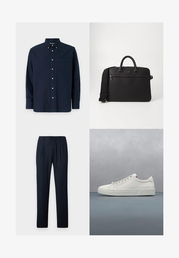 Navyblaue Knopfhemd aus Baumwolle, mit spitzem Kragen, Brusttasche und acht passenden Knöpfen entlang der Knopfleiste.; Marineblaue Hosen aus leichtem Stoff, mit einem strukturierten Muster, gefalteter Front und einem elastischen Bund mit Kordelzug.; Weißes Leder-Sneaker mit abgerundetem Zehenbereich, minimalistisches Design, graue Schnürsenkel und einer strukturierten grauen Gummisohle. Dezente Nähte sichtbar.; Schwarze Lederhandtasche mit glatter Oberfläche, zwei oberen Griffen und einem abnehmbaren Schultergurt. Verfügt über eine Reißverschlusstasche vorne und ein Logodetail.
