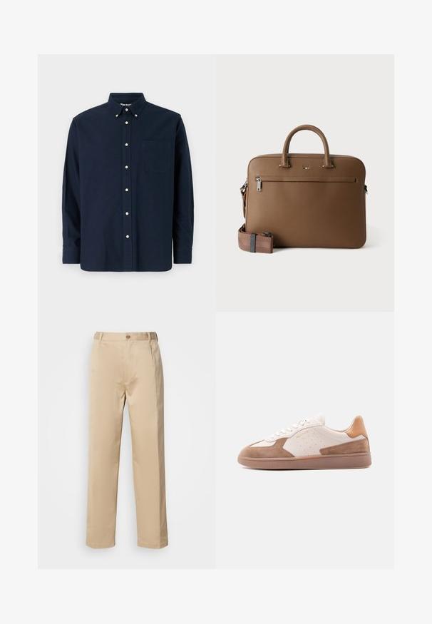 Chemise bleu marine à manches courtes, en coton, avec un col pointu, une poche frontale et huit boutons assortis le long de la patte de boutonnage.; Pantalons beiges en tissu léger, avec une coupe droite, une taille avec passants de ceinture et une fermeture à bouton sur le devant.; Baskets basses blanches et marron clair avec des accents en daim, des côtés perforés, des lacets blancs et une semelle extérieure gomme texturée, présentées de profil sur un fond blanc.; Mallette en cuir marron avec poignées supérieures, poche avant zippée et bandoulière assortie amovible sur fond blanc.