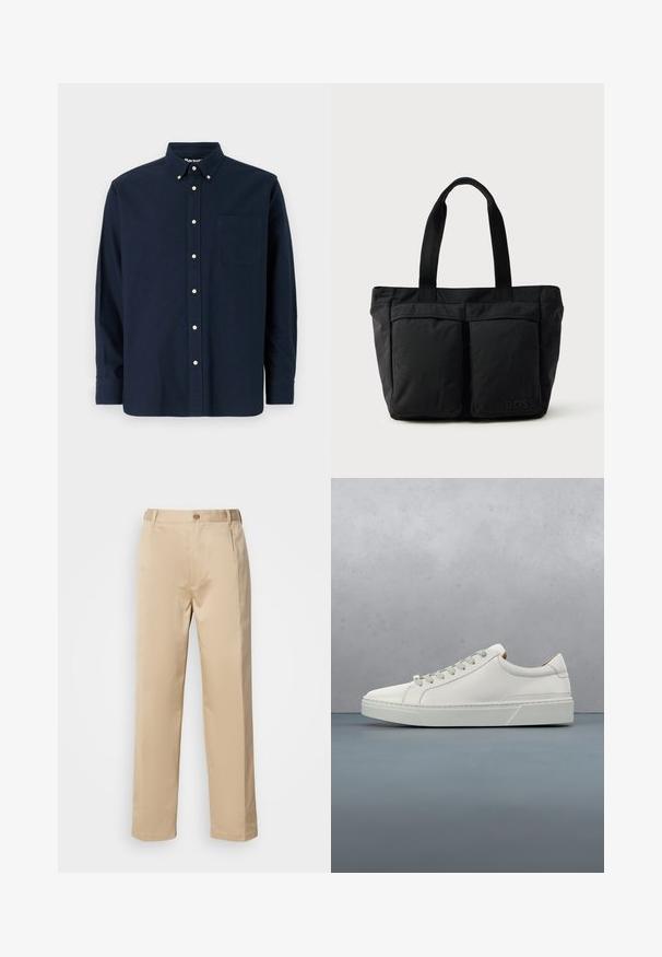 Chemise bleu marine à manches courtes, en coton, avec un col pointu, une poche frontale et huit boutons assortis le long de la patte de boutonnage.; Pantalons beiges en tissu léger, avec une coupe droite, une taille avec passants de ceinture et une fermeture à bouton sur le devant.; Baskets en cuir blanc avec un bout arrondi, design minimaliste, lacets gris et semelle en caoutchouc gris texturé. Détails de couture subtils visibles.; Sac fourre-tout noir en tissu doux, avec deux poches avant et des anses robustes. Logo affiché sur le côté. Design simple et fonctionnel.