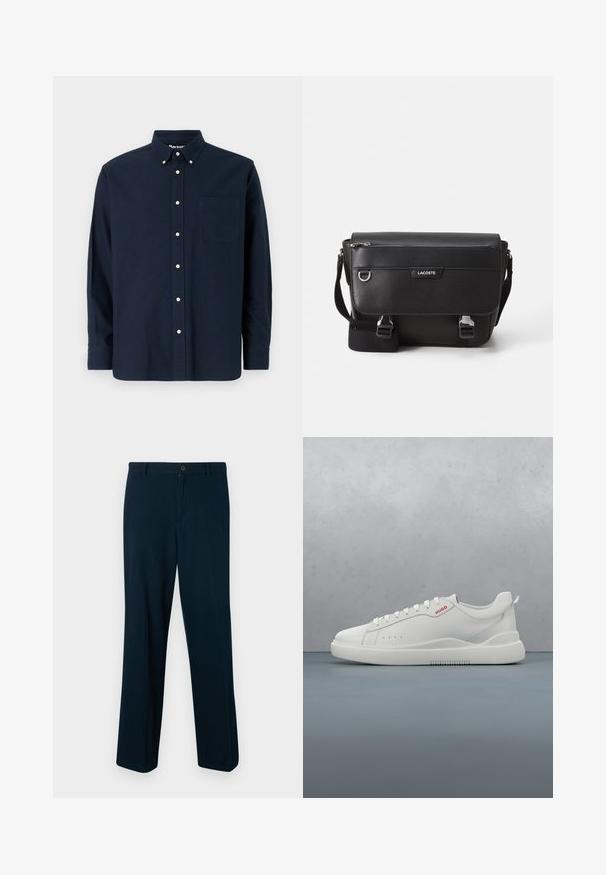 Chemise bleu marine à manches courtes, en coton, avec un col pointu, une poche frontale et huit boutons assortis le long de la patte de boutonnage.; Pantalons bleu marine en tissu lisse, dotés d'une fermeture à bouton, d'une coupe droite et d'un design minimaliste.; Sneaker blanche avec une finition en cuir lisse, bout rond, quatre œillets, perforations subtiles et un détail de logo rouge sur le côté.; Sac messager Lacoste noir texturé avec bandoulière ajustable, rabat avant, poche zippée et fermetures à boucle en métal.