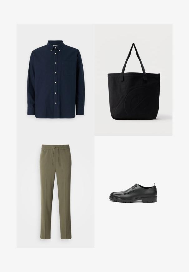 Marineblauwe button-up shirt van katoen, met een puntige kraag, een borstzak en acht bijpassende knopen langs de sluiting.; Olijfgroene, lichte broek met een elastische tailleband en verstelbaar trekkoord; recht model en een gladde textuur.; Zwarte lederen schoenen met een gladde afwerking, ronde neus en decoratieve stiksels. Beschikt over een rubberen zool met tractiegrepen en een vetersluiting.; Zwarte canvas tas met twee schouderbanden en een subtiel, ingebosseleerd cirkelvormig ontwerp aan de voorkant.