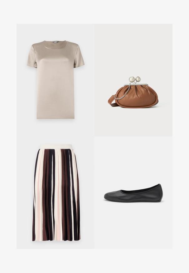 Μπεζ κοντομάνικο μπλουζάκι φτιαγμένο από ομαλό σατέν ύφασμα, με στρογγυλή λαιμόκοψη και μινιμαλιστικό σχέδιο χωρίς στολίσματα.; Φούστα με πτυχώσεις που διαθέτει κατακόρυφες ρίγες σε αποχρώσεις σκούρου καφέ, ανοιχτού ροζ και κρέμα, με εφαρμοστό ζωνάκι και μαλακό, υφασματώδη στήσιμο.; Μαύρο δερμάτινο μπαλαρίνι με στρογγυλή μύτη, λεία υφή, ελάχιστες λεπτομέρειες ραφής και σχεδίαση ευέλικτης σόλας.; Καφέ δερμάτινη τσάντα συμπλέκτη με ασημένιο κούμπωμα και μικρή ασημένια αλυσίδα σε λευκό φόντο.