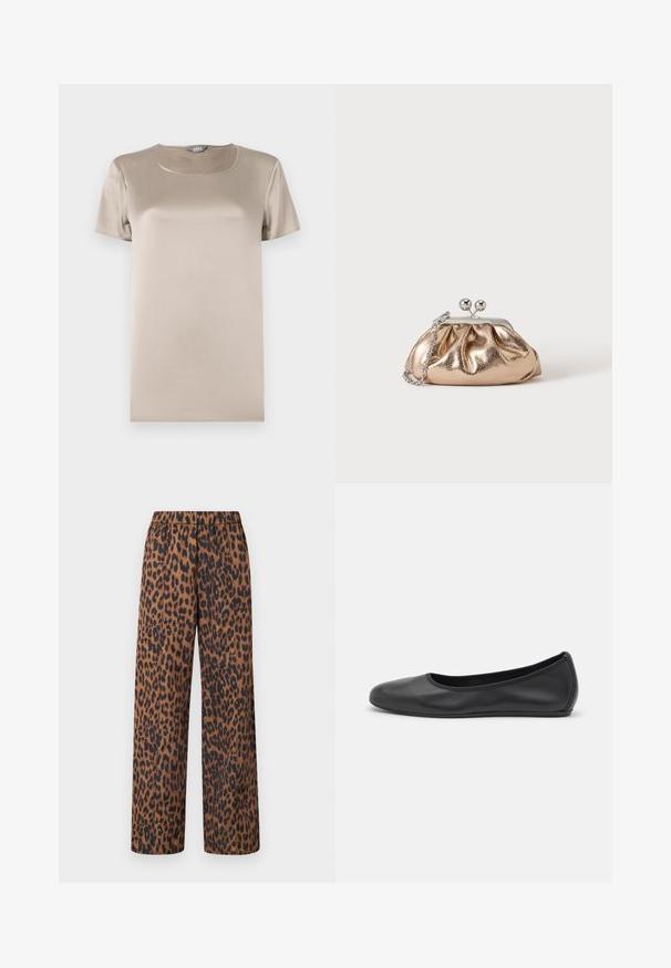 Beige t-shirt met korte mouwen, gemaakt van glad satijnstof, met een ronde halslijn en een minimalistisch ontwerp zonder versieringen.; Leopardprint wijde broek in bruintinten, met een elastische tailleband en een zachte stof. Het patroon bevat donkere vlekken op een lichte achtergrond.; Zwarte leren ballerina met een ronde neus, gladde textuur, minimale stikdetails en een flexibele zoolontwerp.; Kleine gouden metallic clutch met zilveren sluiting en kettingriem op een effen lichte achtergrond.
