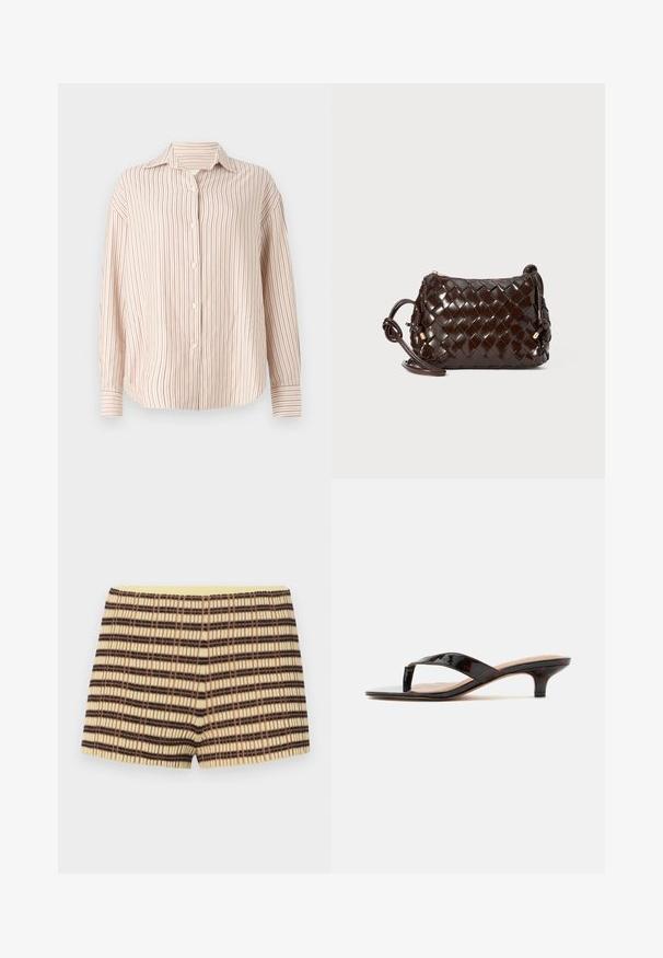 Stribet skjorte i off-white med tynde lodrette røde striber. Har en spread krave og lange ærmer med manchetter.; strikkede shorts i beige med brune og sorte striber; har en ribbet tekstur og en elastisk gul talje.; Blank mørk skildpadde-sandale med kitten heel, thong-style stropper og lille buet hæl på ensfarvet baggrund.; Mørkebrun vævet læder crossbody taske med en knyttet rem og lynlås-træk i guldtonet på en hvid baggrund.