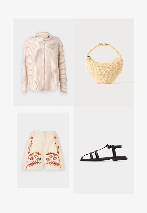 Gestreepte button-up shirt in off-white met dunne verticale rode strepen. Heeft een spread collar en lange mouwen met manchet-einden.; Crèmekleurige short met knoop aan de voorkant, ritssluiting en geborduurde symmetrische bloemen- en paddenstoelpatronen in oranje, roze, blauw en bruin.; Donkerbruine platte sandaal met gestructureerde banden, enkelgesp en open teen ontwerp tegen een effen lichte achtergrond.; Beige geweven handtas met afgerond lichaam, ritssluiting en een korte, dikke band in een eenvoudige, gestructureerde haakstijl.
