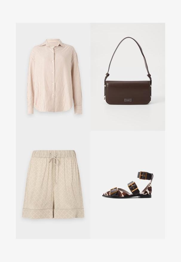 Camisa abotonada a rayas en blanco roto con finas rayas verticales rojas. Presenta un cuello esparcido y mangas largas con puños.; Pantalones cortos beige hechos de una tela suave con una cinturilla elástica, cordón de ajuste y textura con patrón de diamante. Presenta un dobladillo con puños.; Sandalia plana de punta afilada con estampado de vaca en marrón y blanco, tiras de cuero negro y tres grandes hebillas doradas, incluida una alrededor del tobillo.; Bolso de mano de cuero marrón con un diseño plano, correa de hombro ajustable y herrajes en tono plateado. Cuenta con una placa de logo en la parte frontal.