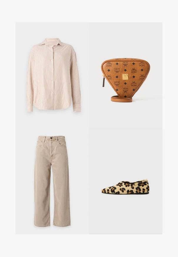 Stribet skjorte i off-white med tynde lodrette røde striber. Har en spread krave og lange ærmer med manchetter.; Beige straight-leg cowboybukser med forreste knap og lynlås, bæltestropper og forlommer, vist på en ensfarvet baggrund.; Leopardprint flade sko lavet af blød pels med en spidse tå-design og en lav profil. Naturlige nuancer med sorte accenter.; Brun trekantet lædertaske med sort MCM-logo, guldmetalmærke og lynlås på hvid baggrund.