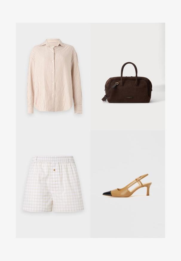 Gestreepte button-up shirt in off-white met dunne verticale rode strepen. Heeft een spread collar en lange mouwen met manchet-einden.; Beige-witte ruitjes boxershorts voor heren met elastische tailleband en twee knopen aan de voorkant.; Beige slingbackhakken met een spitse zwarte neuskap, met uitgeholde zijkanten en een blokhak van gemiddelde hoogte. Glad leermateriaal.; Donkerbruine suède handtas met dubbele handvatten, een afneembare schouderriem en een klein rechthoekig logo-plaatje aan de voorkant.