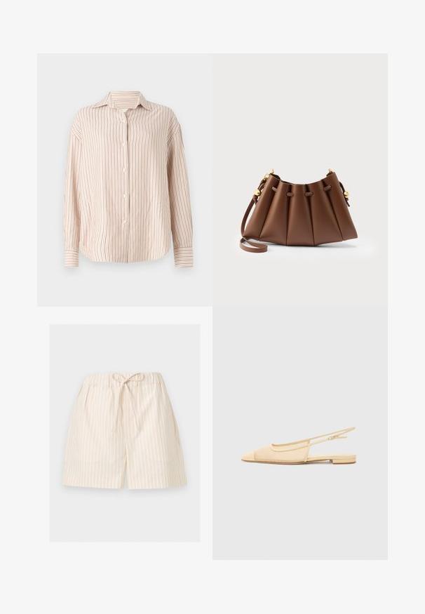 Gestreepte button-up shirt in off-white met dunne verticale rode strepen. Heeft een spread collar en lange mouwen met manchet-einden.; Lichtbeige korte broek met dunne verticale strepen en een elastische tailleband die aan de voorkant in een strik is gebonden, weergegeven op een witte achtergrond.; Slingback ballerina in lichtbeige met een mesh bovenwerk, spitse neus en een lage hak. Voorzien van een verstelbare band voor een goede pasvorm.; Bruine plissé lederen handtas met verstelbare band en goudkleurige trekkoordaccenten op een neutrale achtergrond.