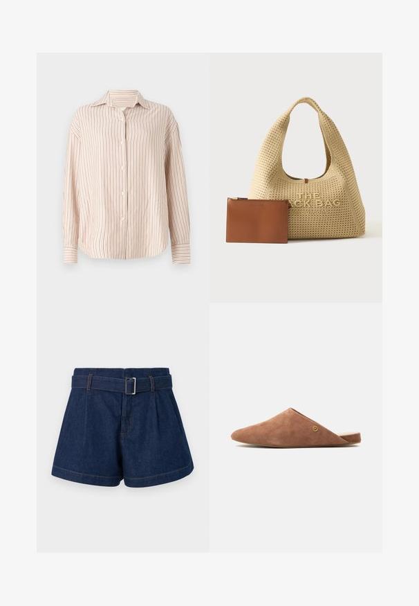 Gestreepte button-up shirt in off-white met dunne verticale rode strepen. Heeft een spread collar en lange mouwen met manchet-einden.; Donkerblauwe denimshorts met een brede geplooide ontwerp, een riem met een metalen gesp, en zichtbare oranje stikdetails.; Bruine suède slip-on mule met puntige neus, platte zool en klein goudkleurig rond logo aan de zijkant, getoond tegen een lichte achtergrond.; Beige geweven Marc Jacobs handtas met groot handvat en geperst merkimago, naast een klein bruin leren ritszakje.