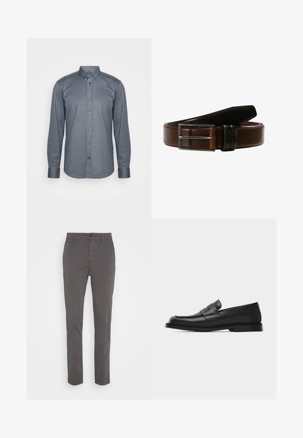 Camisa de manga larga abotonada en tela gris oscuro, con cuello, botones frontales y puños. Textura suave con un diseño ajustado.; Chinos grises con un corte ajustado, fabricados en algodón transpirable. Cuenta con un cierre de botón y bolsillos laterales, con un acabado suave y mate.; Mocasín de cuero negro con tacón bajo, punta redondeada y una correa decorativa en la parte superior, sobre un fondo claro y simple.; Cinturón de cuero marrón con un acento de cuero negro, que presenta una hebilla de metal plateado. Textura suave y forma rectangular clásica.