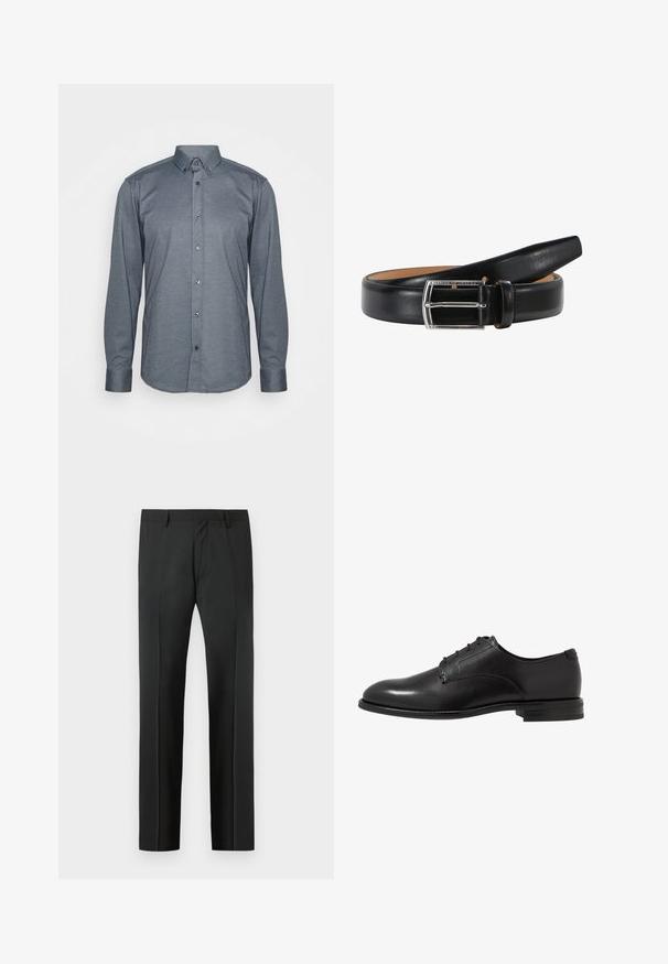 Camisa de manga larga abotonada en tela gris oscuro, con cuello, botones frontales y puños. Textura suave con un diseño ajustado.; Pantalones de vestir negros a medida con trabillas para cinturón y pliegue frontal, mostrados sobre un fondo gris claro.; Zapato de vestir de cuero negro con un acabado liso, punta redondeada, seis ojetes y un tacón bajo apilado. Diseño simple y clásico.; Cinturón de cuero negro con una textura suave, que presenta una hebilla rectangular de plata y un forro interior en tono marrón. El extremo está afinado para un aspecto elegante.