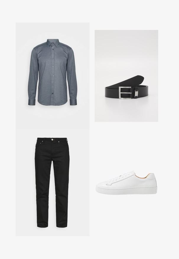 Camisa de manga larga abotonada en tela gris oscuro, con cuello, botones frontales y puños. Textura suave con un diseño ajustado.; Won Hundred ARCHER - Vaqueros tapered - rinse black; Zapatilla de cuero blanca con un acabado suave, punta redonda, diseño de cordones planos y suela de goma gruesa con un patrón de agarre texturizado.; Cinturón de cuero negro con una textura suave y elegante, que presenta una hebilla de metal plateado y un sutil detalle de marca.