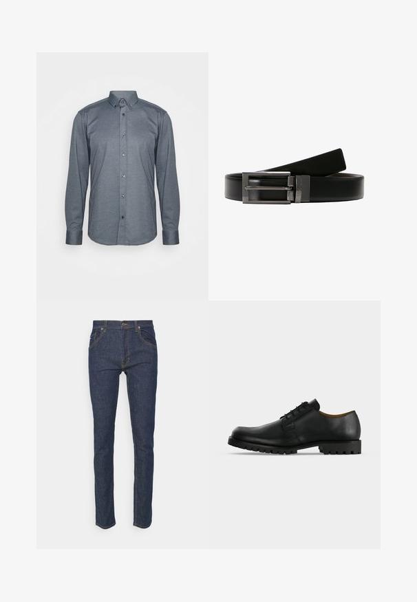 Langärmliges Hemd mit Knöpfen aus dunkelgrauem Stoff, mit einem Kragen, Frontknöpfen und Manschetten. Glatte Textur mit passgenauer Design.; Dunkelblaue Jeans aus Denim mit geradem Schnitt, fünf Taschen, kontrastierenden gelben Nähten und einem vorderen Knopfverschluss.; Schwarzer Lederschnürschuh mit dicker, profilierter Sohle und niedrigem Absatz auf weißem Hintergrund dargestellt.; Schwarzer Ledergürtel mit einer glänzenden silbernen Metallschnalle. Die Schnalle hat ein Doppelzinken-Design. Glatte Textur mit polierter Oberfläche.