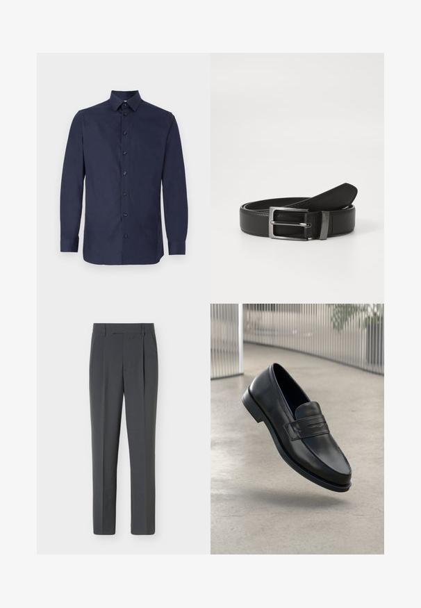 Donkerblauw overhemd met knopen, gemaakt van gladde stof, met een klassieke kraag, lange mouwen en zeven zwarte knopen aan de voorkant.; Donkergrijze op maat gemaakte broek met lussen voor riem, een voorplooi en een smalle, rechte pijp, plat weergegeven op een lichte achtergrond.; Zwarte leren loafer met een gladde textuur, spitse neus en een decoratieve band over de wreef. Lichtgewicht zool, minimalistisch ontwerp.; Zwarte leren riem met een zilveren metalen gesp, met een gladde afwerking en een klassiek ontwerp. De riem is netjes opgevouwen.