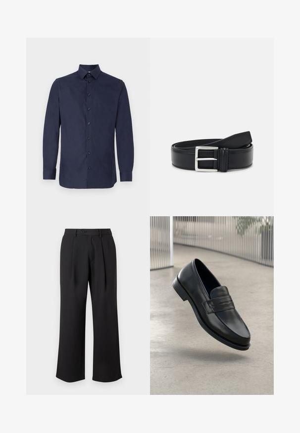 Donkerblauw overhemd met knopen, gemaakt van gladde stof, met een klassieke kraag, lange mouwen en zeven zwarte knopen aan de voorkant.; Zwarte wijde broek gemaakt van een gladde stof, met een voorplooien, een knoopsluiting en zijzakken.; Zwarte leren loafer met een gladde textuur, spitse neus en een decoratieve band over de wreef. Lichtgewicht zool, minimalistisch ontwerp.; Zwarte leren riem met een zilveren gesp, vlak ontwerp, gladde textuur en contrasterende stiksels langs de rand.