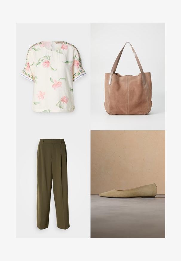 Blouse courte à manches courtes crème avec imprimé floral rose et feuilles vertes, ornée de motifs décoratifs en bordure verte et bleue sur les manches.; Pantalons à jambes larges vert olive en tissu lisse, dotés d'une taille haute, de plis sur le devant et de poches latérales pour plus de fonctionnalité.; Chaussure plate beige à bout pointu avec une semelle noire flottant au-dessus d'un tapis beige texturé, avec un canapé beige rembourré en arrière-plan.; Anna Field LEATHER - Cabas - taupe