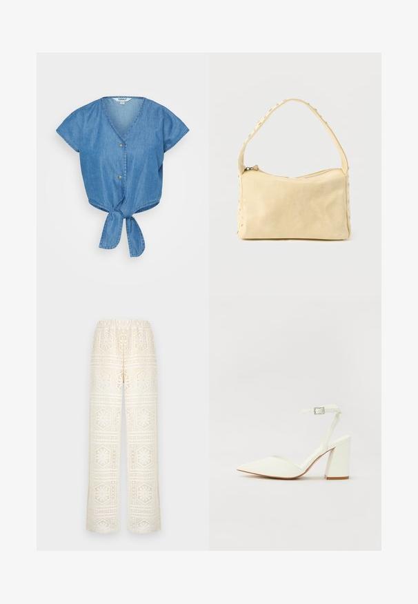 Blå denim top med V-hals, korte ærmer og en knyttet frontkant. Har to knapper og et let tekstureret stof.; Hvide blondebukser med vide ben med geometriske og blomstrede udskæringsmønstre, elastisk taljebånd og halv-gennemsigtigt stof.; Hvide hælede sandaler med spids tå, justerbar ankelrem og en kraftig firkantet hæl. Glat tekstur med minimale syninger.; Lille beige læderhåndtaske med en enkelt rem og sølvnitter langs kanterne og remmen, sat mod en ensfarvet baggrund.