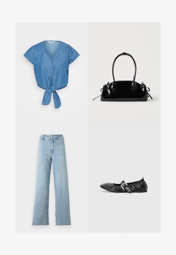 Blå denim top med V-hals, korte ærmer og en knyttet frontkant. Har to knapper og et let tekstureret stof.; Lyseblå højtaljede vidde jeans med forreste knap og lynlås, bæltestropper og uden synlige slidmærker.; Sorte læder flade sko med spids tå, samling detaljer omkring åbningen, og en sølv spænde accent på den justerbare rem.; Lille sort blank håndtaske med to lange håndtag og snøre-detaljer i siden på en ensfarvet lys baggrund.