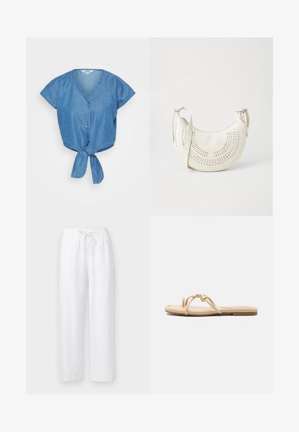 Blå denim top med V-hals, korte ærmer og en knyttet frontkant. Har to knapper og et let tekstureret stof.; Hvide løstsiddende bukser i hørblanding med elastik i taljen og snøre foran, lige ben.; Beige flad sandal med tynde stropper og en lille gulddetalje i form af et hjerte på en rem, vist i sideprofil på en ensfarvet baggrund.; Hvid vegan læder skuldertaske med perforeret cirkulært design, justerbar strop og indgraveret logo foran. Lynlåslukning øverst.