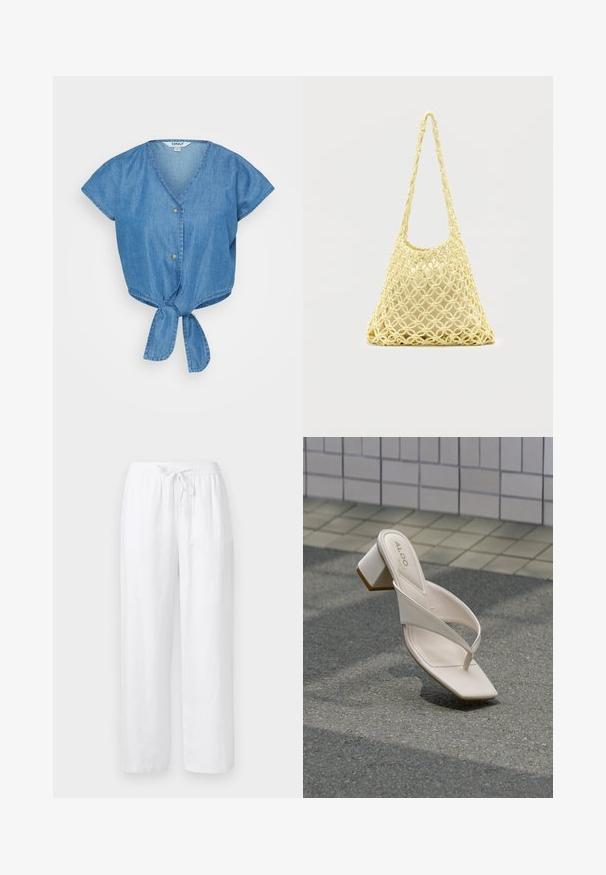 Blå denim top med V-hals, korte ærmer og en knyttet frontkant. Har to knapper og et let tekstureret stof.; Hvide løstsiddende bukser i hørblanding med elastik i taljen og snøre foran, lige ben.; Beige sandal med hæl, firkantet tå og krydsede remme på grå asfalt nær en flisebelagt væg.; Gul makramé-nettaske med lang rem og beige pose indeni, vist på en ensartet hvid baggrund.