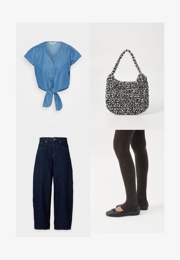 Top de denim azul con escote en V, mangas cortas y un dobladillo anudado en la parte delantera. Cuenta con dos botones y una tela ligeramente texturada.; Vaqueros de mezclilla azul oscuro con pernera ancha, cierre frontal con botón y cremallera, trabillas para cinturón y bolsillos delanteros sobre un fondo claro.; Piernas con leggings oscuros acanalados combinados con bailarinas negras que presentan pequeños detalles de lazo sobre un fondo blanco.; Bolso de mano tejido en blanco y negro con forma redondeada, superficie texturizada y asa trenzada. Adecuado para uso casual.
