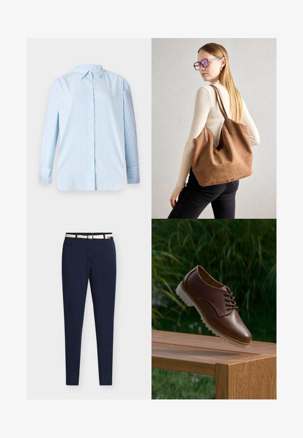 Blå og hvid stribet langærmet skjorte med knap-ned krave og lige skæring. Blødt stof med synlige knapper og mansjettdetaljer.; Marineblå slim-fit bukser med forlommer, bæltestropper og et hvidt flettet bælte med spænde i sølv.; Brun læder snøresko med lyst robust sål, svævende over et træbord, grøn sløret løv i baggrunden.; Brun ruskind tote taske med blød tekstur, stor åbning og lange stropper. Har et enkelt design med synlige syninger og ingen hardware.