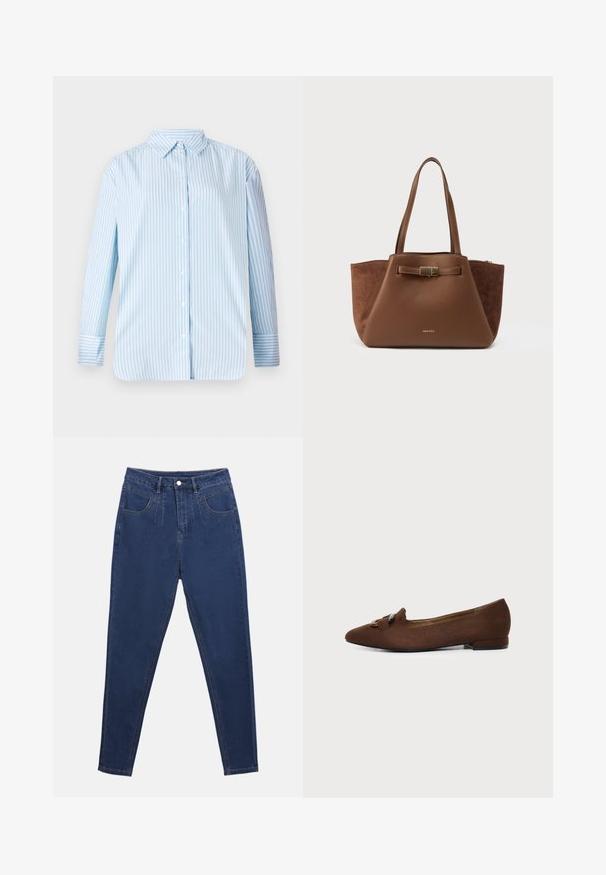 Camisa de manga larga a rayas azul y blanca con cuello abotonado y corte recto. Tejido suave con botones visibles y detalles en los puños.; Jeans de mezclilla azul oscuro con tiro alto, cinco bolsillos y cremallera. Presentan costuras visibles y una silueta ajustada y elegante.; Zapato plano marrón con puntera puntiaguda y detalle decorativo de hebilla en la parte superior, sobre un fondo claro y liso.; Bolso tote marrón que combina texturas lisas y de ante, con forma rectangular, doble asa y un adorno dorado decorativo en la parte frontal.